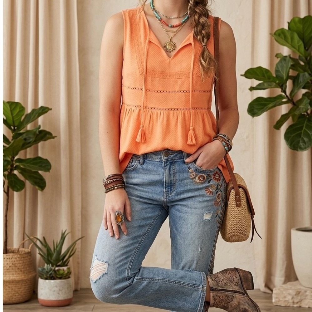 Frye Peplum Tank Womens Large Orange Boho Ladder Lace‎ Tassel Sleeveless Top NEW